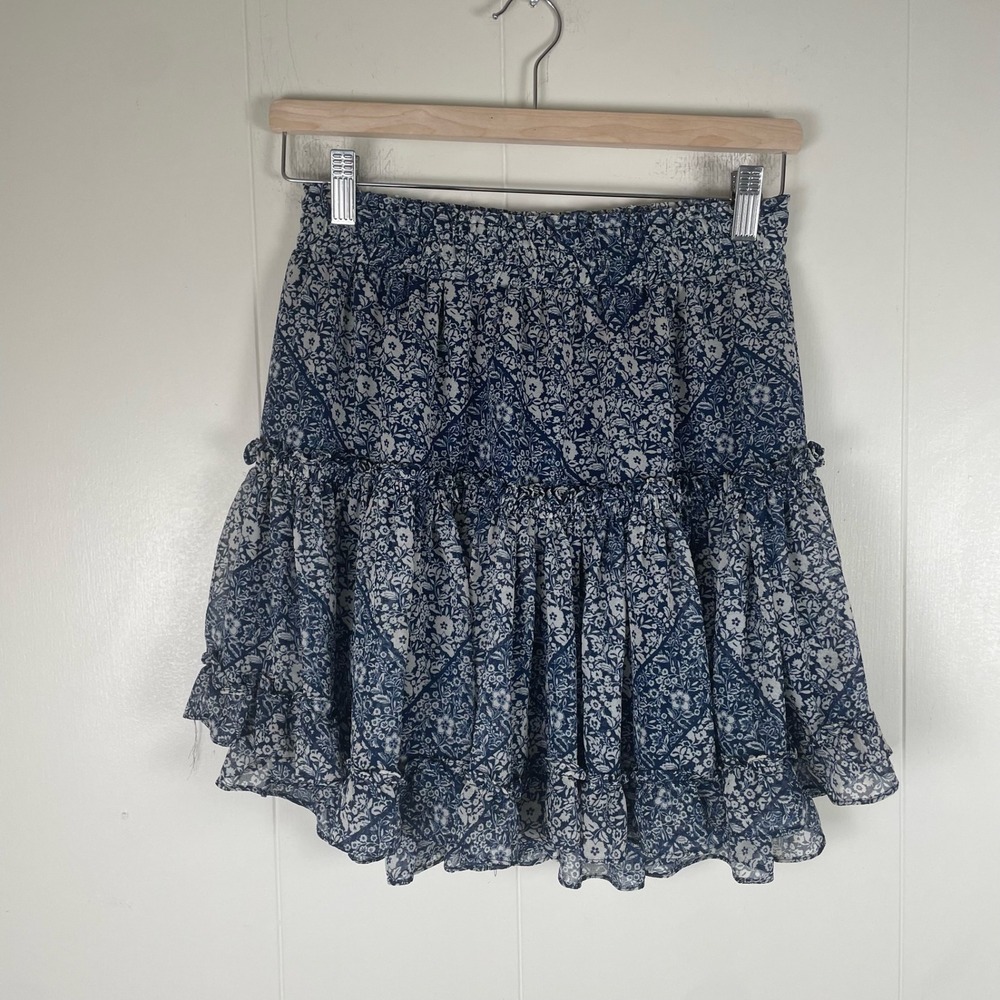 MISA Los Angeles Floral Ruffle‎ Mini Skirt Blue White Womens Size M